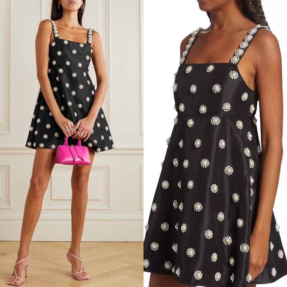 Alice + Olivia Athene Pearl Embellished Babydoll Mini Dress NWT Black 14 Plus